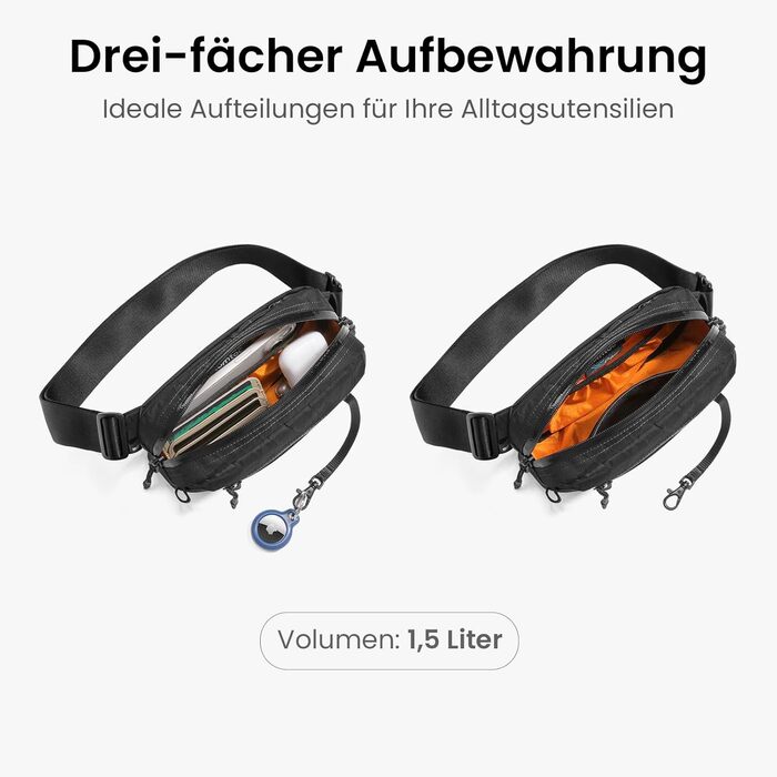 tomtoc X-Pac нагрудна сумка для чоловіків та жінок, 1,5 л, чорна. RFID захист, для подорожей, повсякденного використання