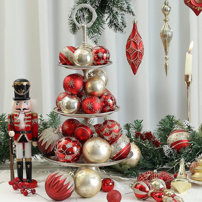 Набір новорічних кулічок для ялинки, 30 шт, 60 мм, пластик, з гачками, для прикраси ялинки, на Новий рік, весілля, свята (червоний, золотий)