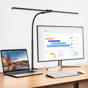 LED Desk Lamp with Adjustable Gooseneck - Dual Head, 1200 Lumens, Eye Protection for Home Office & Study - Black with 5 Color Temperature/Brightness Levels
