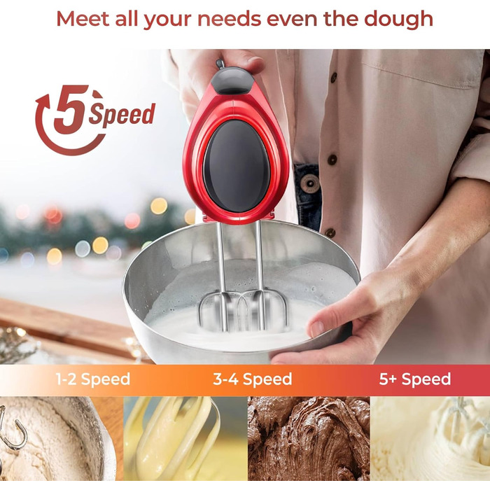 Ручний міксер 350 Вт, 5 швидкостей, з нержавіючої сталі (віночок та гак для тіста), ергономічна ручка, довгий кабель, BPA-free – Білий KS1 S1 Білий (Ретро-червоний)