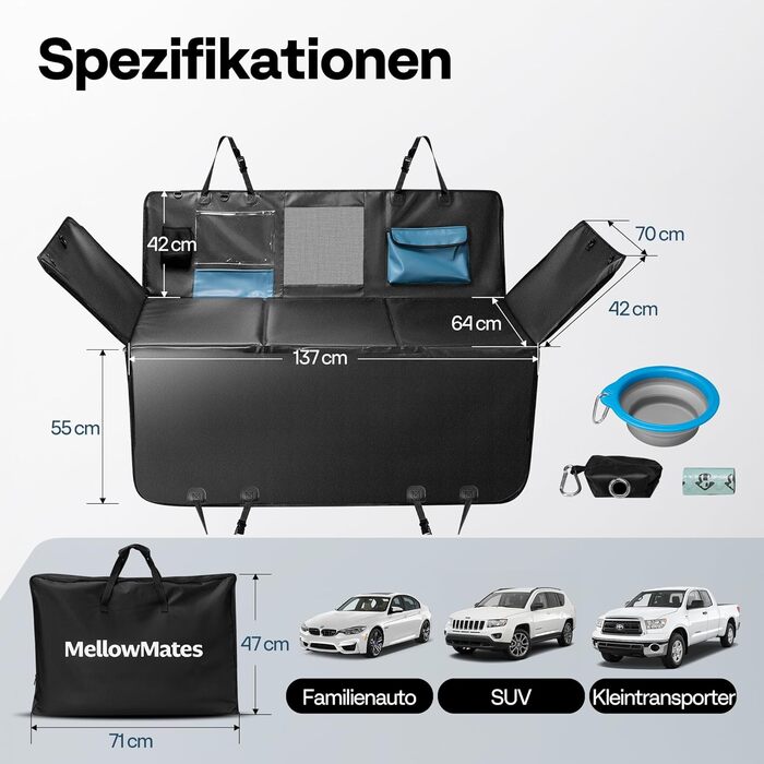 Захист для автосидіння для собак MellowMates: водовідштовхувальний, з жорсткою основою, боковими захистами та оглядовим вікном. Підходить для SUV та мінівенів.