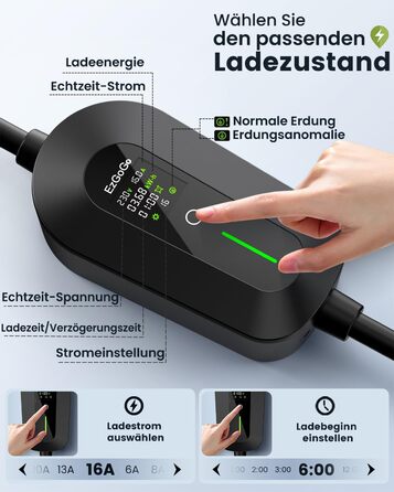 Кабель для зарядки електромобіля EzGoGo Type 2 Schuko 3.68 кВт, 10 м, 1 фаза, 6-16A, з LCD-дисплеєм та захистом IP65
