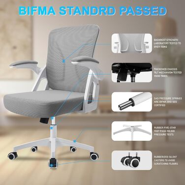 Офісний стіл з регульованими підлокітниками, ергономічний стілець з сітчастою спинкою, підтримка попереку, регульована висота, м'яке сидіння, обертовий на 360°, сірий