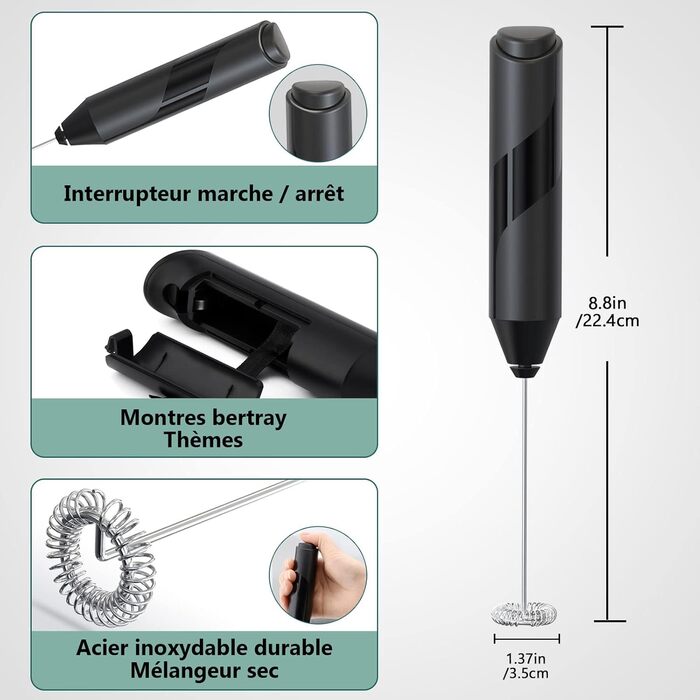 Електричний пінощікач для молока USB, перезаряджуваний, з нержавіючої сталі, 3 швидкості, для кави, капучино, лате, гарячого шоколаду (Чорний)