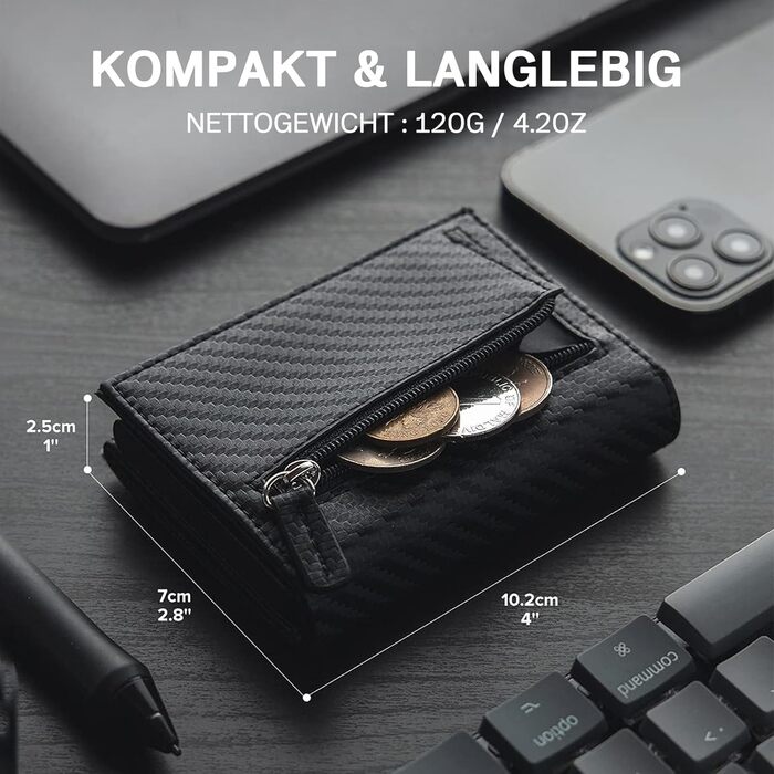 Чоловіче шкіряне портмоне IceReco з RFID захистом: картхолдер, гаманець, міні-портмоне з відділенням для монет (чорний, карбон)