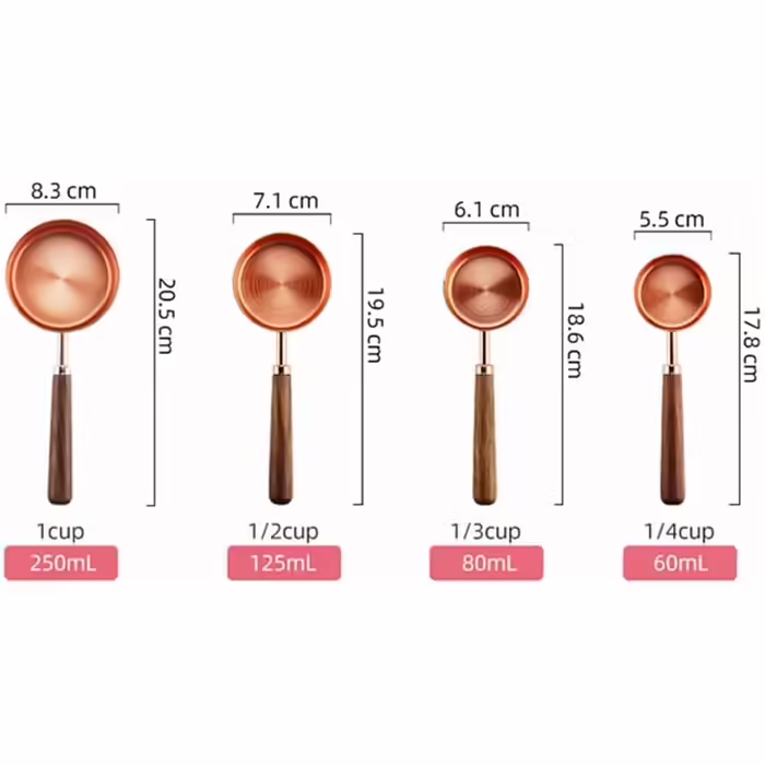 4-piece stainless steel measuring spoon set with walnut wood handle, copper measuring cup set for baking and cooking (Color: A, Size A)