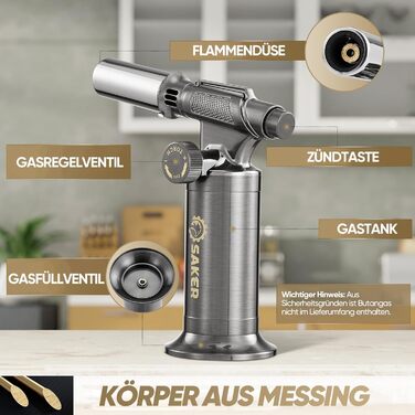 Професійний газовий пальник-фламбе SAKER для кулінарних страв та DIY: бутановий пальник з п'єзорозпалом для крем-брюле, паяння та рукодія, сріблястий
