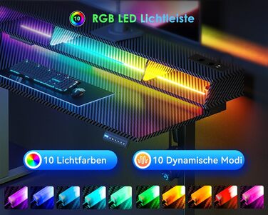 Офісний стіл для геймінгу OffiGo, 140 см, регулювання висоти, RGB LED, розетки, 3 стійкі місця для зберігання, тримач для напоїв та навушників, стільниця з карбонової поверхні (білий/чорний)