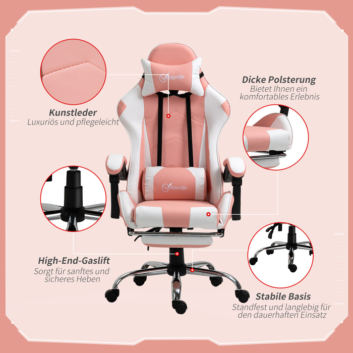 Vinsetto Gaming Chair, Computer Chair, Ergonomic Office Chair with Headrest and Lumbar Pillow, Height Adjustable, 360° Swivel, Pink+White | Aosom