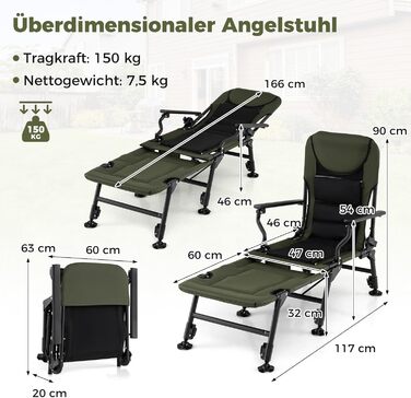Крісло розкладне Costway Angelstuhl з підставкою для ніг, регульованою спинкою та високою подушкою, для кемпінгу, риболовлі та відпочинку
