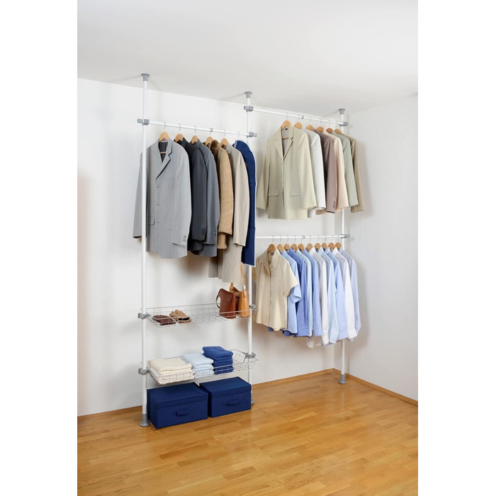 WENKO Telescopic System Hercules Duo, 3 Clothes Rails, 2 Storage Baskets, Extendable, Powder-Coated Metal, 164-215 x 165-300 x 38 cm, Matt (White, Single)