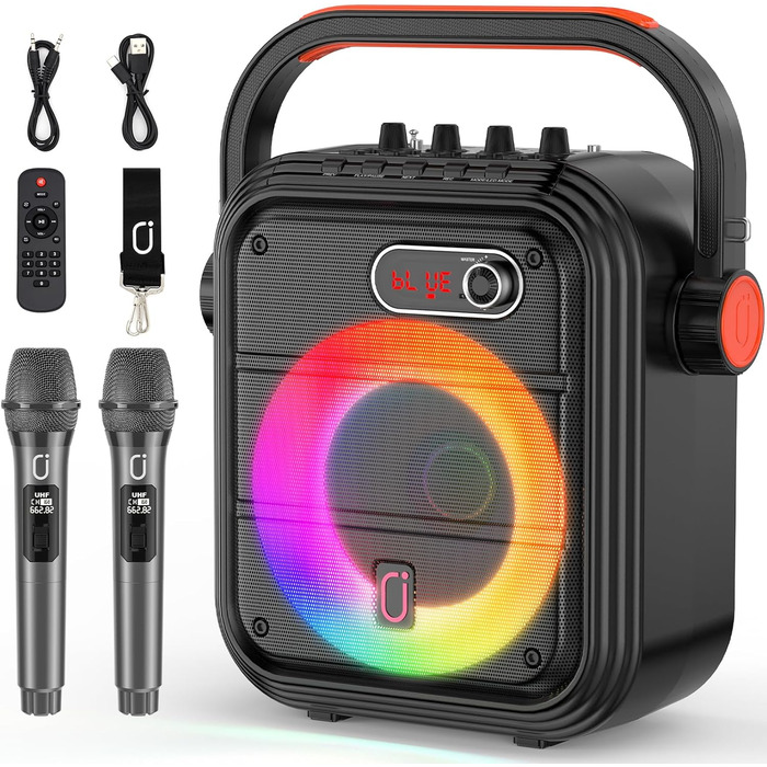 Караоке машина JYX з 2 бездротовими мікрофонами, портативна Bluetooth колонка з RGB-підсвічуванням, підтримка TF/USB, AUX, FM, запис, TWS, караоке система для вечірок, PA-система для дорослих/дітей
