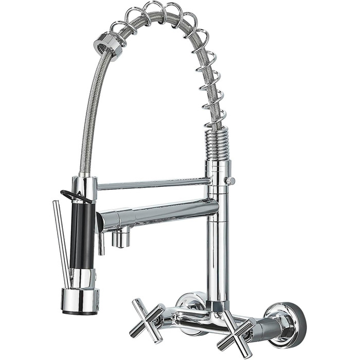 Кухонний змішувач з поворотним виливом 360°, з двома виходами, високий вигин, спіральна пружина, для мийки, брашований нікель (хром)