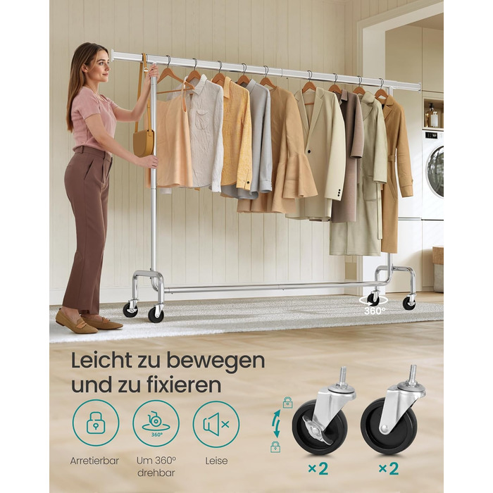 SONGMICS Clothes Rack on Wheels, Coat Rack, Heavy-Duty, Extendable Clothes Rod, Load Capacity up to 110 kg, 45 x (160-200) x 162.9 cm, Metal, Chrome, Silver HSR176E01