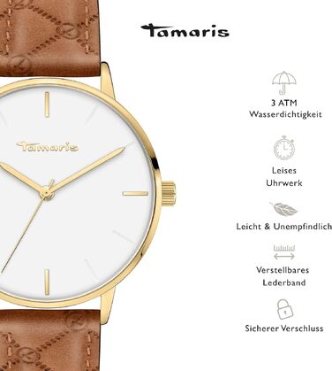 Жіночий кварцовий годинник Tamaris — круглий циферблат, золотистий корпус, коричневий шкіряний ремінець Logomania