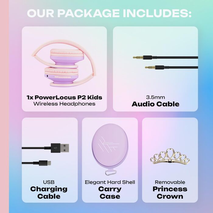 Дитячі навушники PowerLocus Bluetooth з обмеженням гучності 85dB, складні, з чохлом, Over-Ear, бездротові та провідні з мікрофоном, Micro-SD для телефону, ПК, планшета, зелені (Принцеса)