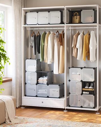 SONGMICS Regal System, Shoe Rack, Set of 16 Cubes, Plastic Wardrobe, with Doors, Plug-in Shelf, Storage for Clothes, Shoes and Books, Easy Assembly, Grey LPC443G01