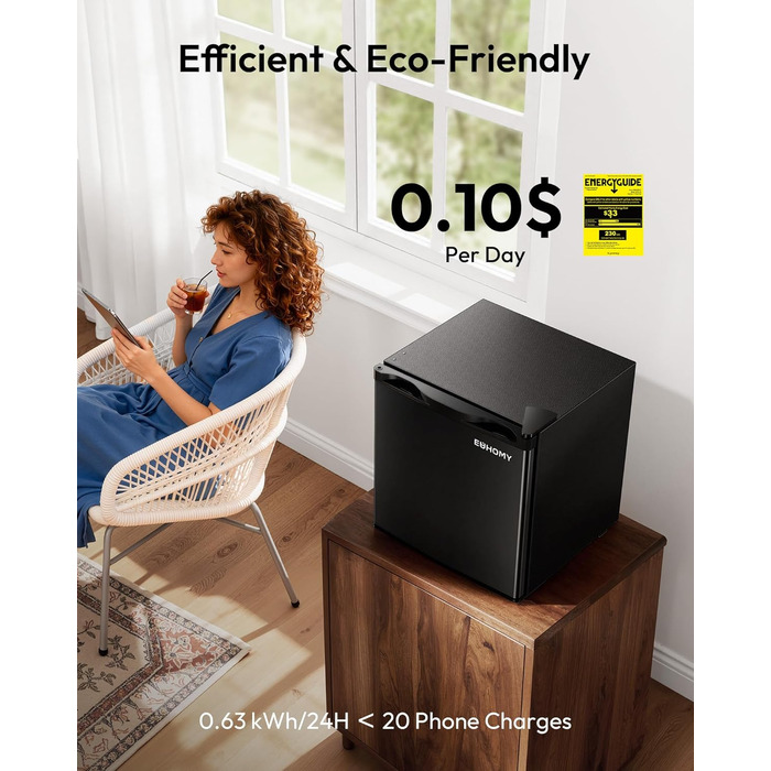 EUHOMY Міні холодильник 46L, компактний холодильник з регулюванням температури, тихий (38dB), енергоефективний для спальні, офісу