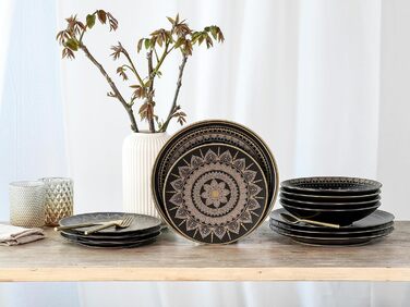 CreaTable MANDALA GOLD: 16-частинний набір посуду з каменю, чорний/золотий, для посудомийної машини та мікрохвильової печі