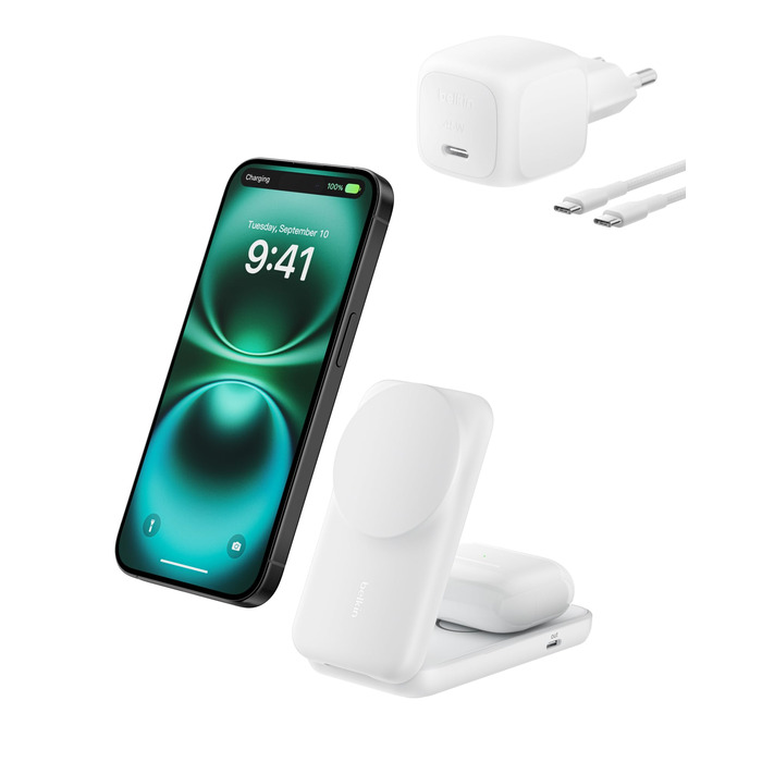 Беспроводная зарядка Belkin UltraCharge Qi 2.2 2-в-1 25W MagSafe сумісна для iPhone 17, iPhone Air, AirPods, Pixel – біла з USB-C адаптером 45W