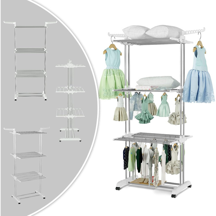 Foldable stainless steel clothes rack with wheels, portable, for indoor and outdoor use, white/gray
