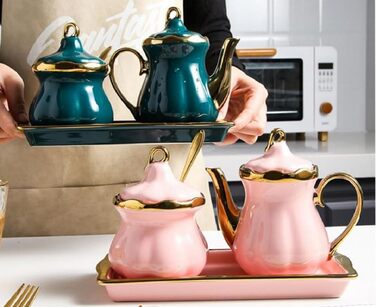 MAGICVOGEL Ceramic Milk Pitcher and Sugar Bowl Set, Sugar Container, Milk Jug with Tray, Spice Jar with Lid and Spoon, Creamer, Coffee Service Set for Home, Cafe, Bar (Green)