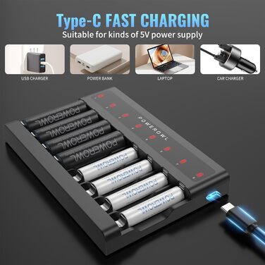 Зарядний пристрій PowerOWL на 8 батарейок, надтонкий, з незалежними слотами, USB-C зарядка для перезаряджуваних акумуляторів AA AAA