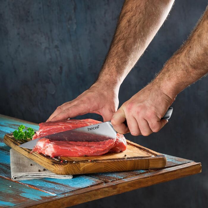 Набір кухонних ножів Hecef 5 предметів: ніж шеф-кухаря, ніж для м'яса, універсальний ніж, овочечистка, ніж для хліба. З нержавіючої сталі, професійний набір.