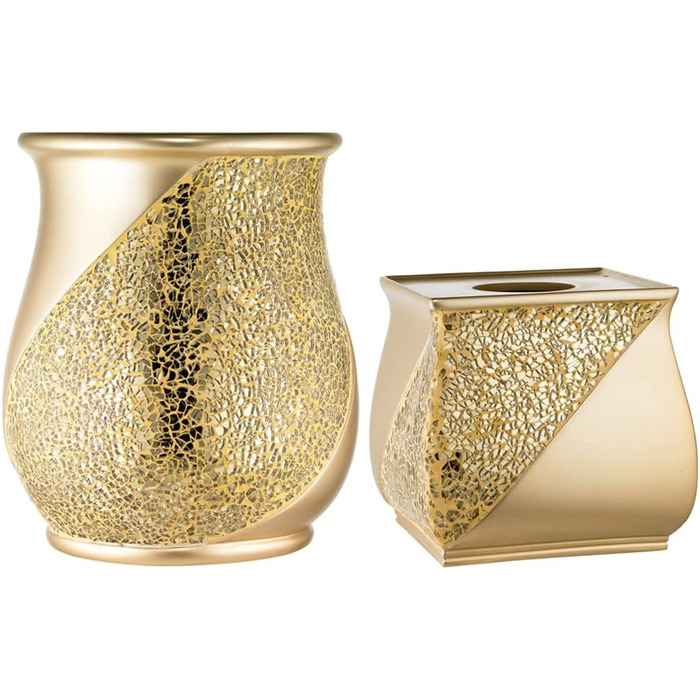 Набір аксесуарів для ванної кімнати Zahari Home Sinatra: мильниця, дозатор мила, тримач для зубних щіток, стаканчик, сміттєве відро та органайзер для серветок. Сучасний дизайн, блискуче мозаїчне скло, чорний колір.