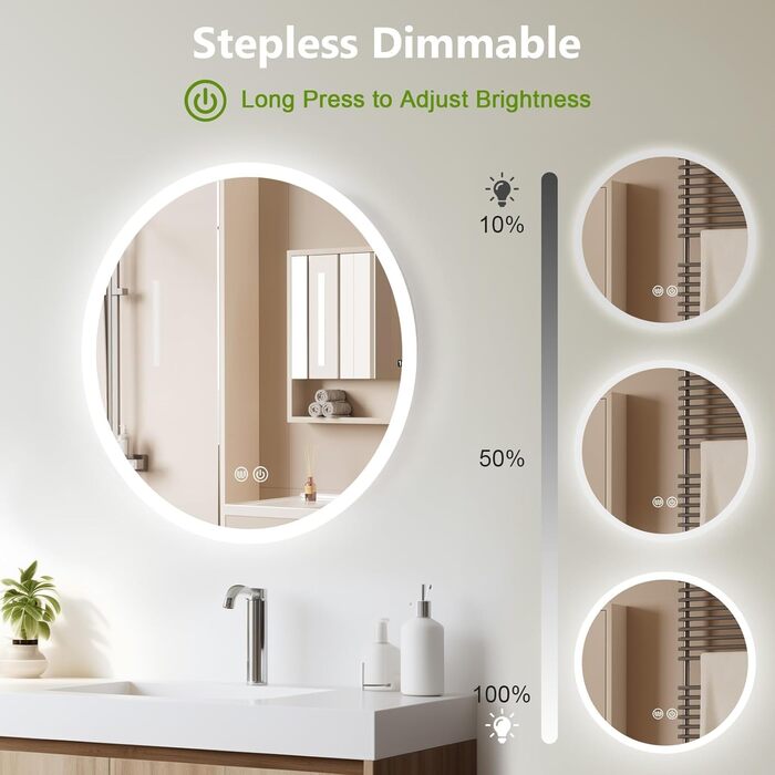 LED дзеркало для ванної кімнати AllRight з підсвічуванням 50см кругле - диммування, 3 кольори світла (3500K-6500K), сенсорне керування, антизапар, для макіяжу та гоління
