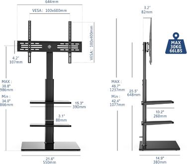 FITUEYES Adjustable Swivel TV Stand - Floor Mount for 32-60 inch Flat & Curved TVs (up to 30kg, VESA 600x400) - Black