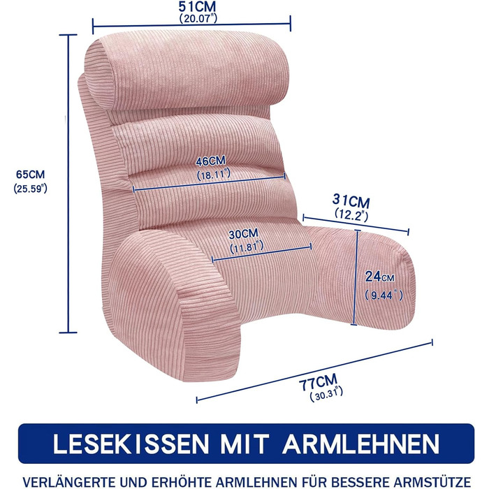 Підлогове крісло-мішок для читання з підлокітником, 65x30 см (Рожевий)
