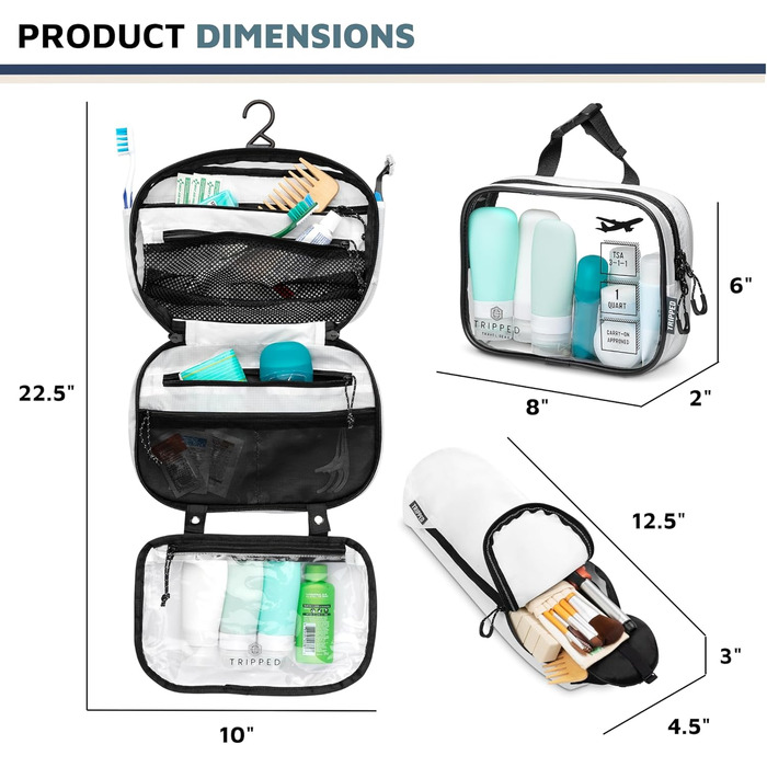 Набір туалетних сумок для подорожей: підвісна сумка + органайзер для косметики TSA + ультралегка сумка-організатор, білий рипстоп