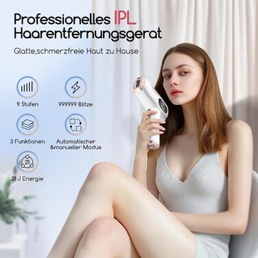 Пристрій для епіляції IPL, лазерна епіляція для чоловіків та жінок. 9 рівнів енергії, 999 999 імпульсів світла, 3 функції HR/SR/HR+. Для обличчя та тіла