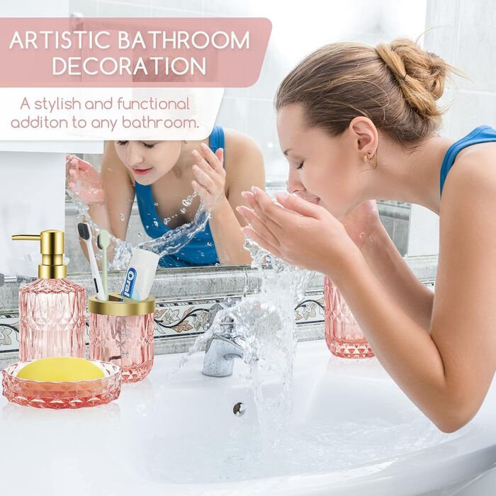 Набір аксесуарів для ванної кімнати зі скла: мильниця, дозатор мила, стакан, тримач для зубних щіток, контейнер для ватних паличок, рожевий колір