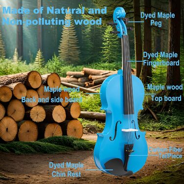 Скрипка Crafteem для початківців, дітей та дорослих, з 5 кольоровими гриф-стрічками, ручної роботи, (4/4, блакитна)