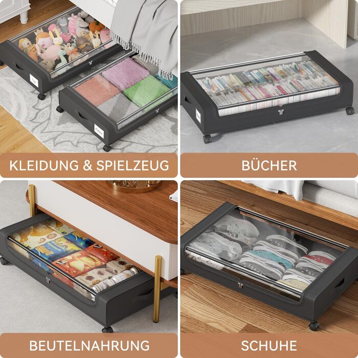 Коробки для зберігання під ліжко PHINOX з колесами, 2 шт (74x42x16 см) - місткі контейнери для одягу, взуття, іграшок з прозорою кришкою