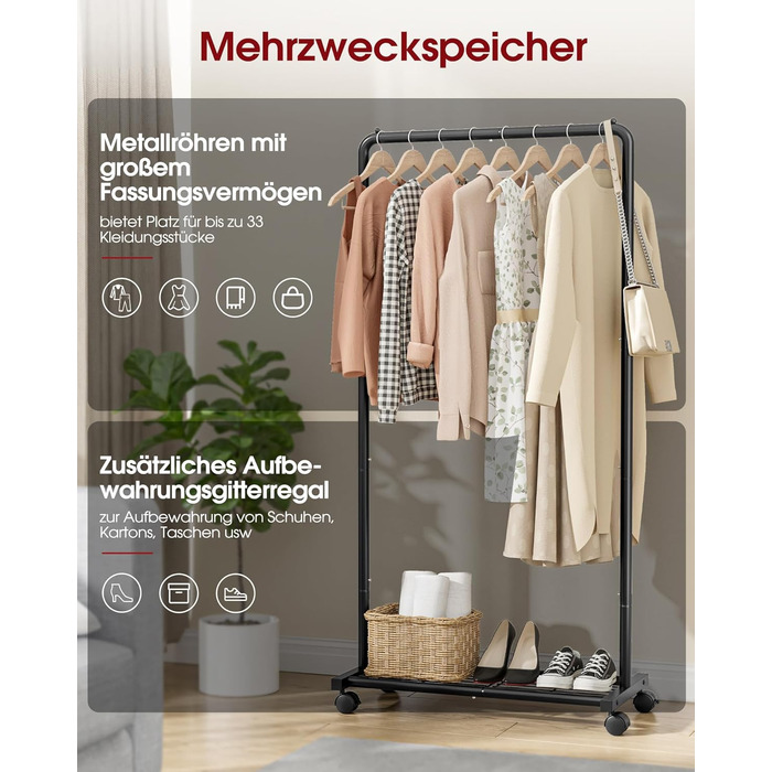 Металевий вішак для одягу на колесах, чорний, середній