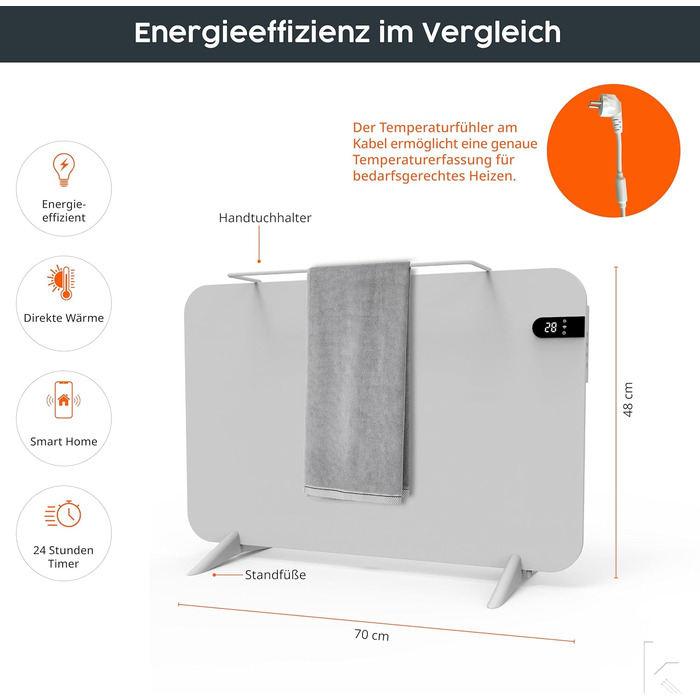 Обігрівач KönigsHaus 450W Smart Dual-Інфрачервоний V2 - підлоговий/настінний - керування через Wi-Fi, пульт - з тримачем для рушників, ніжки та кріплення - білий, з дисплеєм