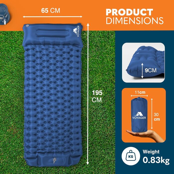 Односпальний килимок для кемпінгу Voyager Single Ultraleicht: самонадувний, компактний, з сумкою. Довговічний нейлон 40D + TPU, для кемпінгу, походів, рюкзаків.