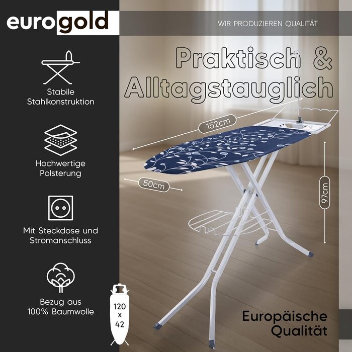 Прасувальна дошка EUROGOLD® XXL 120x42 см з розеткою для парогенератора (Made in Europe) - стабільна, регульована по висоті (BLAU, сірий)