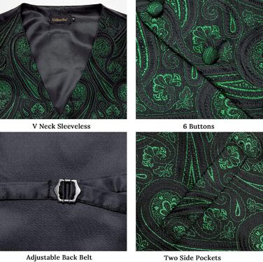 Костюмний жилет DiBanGu 5 шт. (жилет, краватка, нагрудна хустинка, запонки, кільце для краватки) XL, зелений/чорний