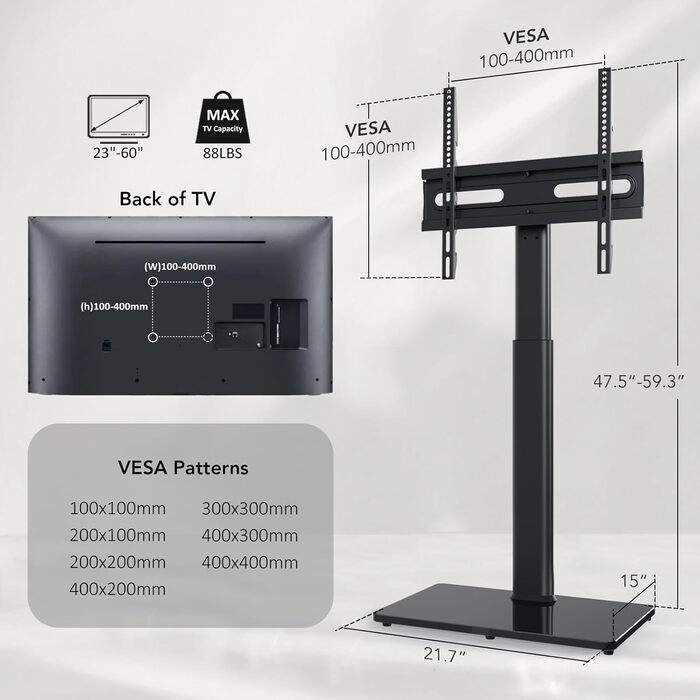 Adjustable Swivel TV Floor Stand for 27-65 inch Flat & Curved TVs - Universal White TV Stand (Supports up to 35kg)