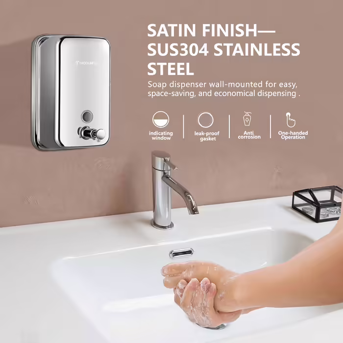 Modern Hand Soap Dispenser, Wall-Mounted Soap Dispenser Stainless Steel for Bathroom, 500 ml Manual Soap Dispenser, Liquid Soap Pump for Kitchen Polished