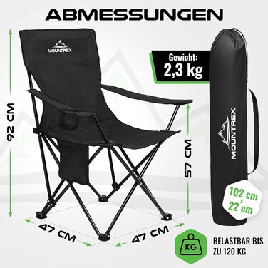 Крісло для кемпінгу MOUNTREX складне (до 120 кг) - регульовані підлокітники, для риболовлі, пляжного відпочинку, компактне та легке, з підстаканником та сумкою, чорне