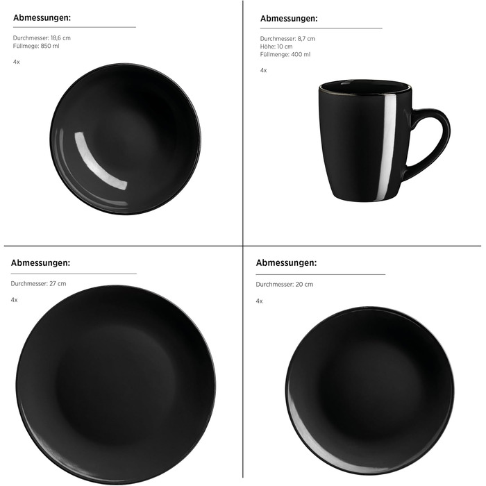 Сучасний сервіз для 4 осіб з латунним бордюром (16 предметів, чорний)