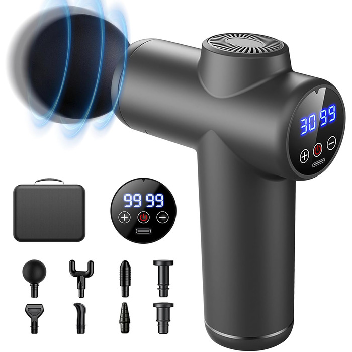 Масажний пістолет Bizcasa: 99 швидкостей, 8 насадок, LCD-дисплей, USB-C, для розслаблення м'язів (сірий)