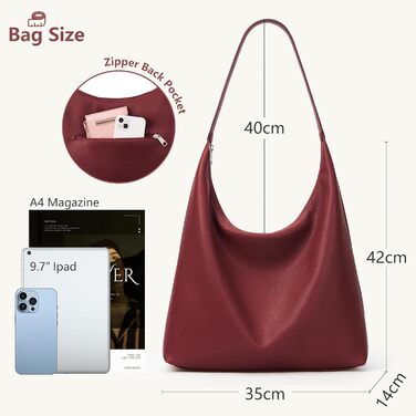 Сумка жіноча KALIDI Shopper з PU шкіри, велика, вінтажна Hobo сумка через плече, бордового кольору для роботи, навчання, повсякденного використання