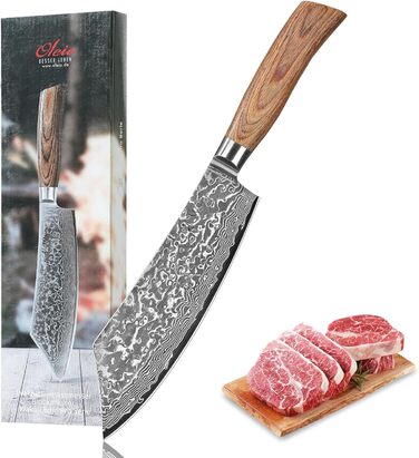 Ніж кухарський Wakoli EDIB Pro Damast BBQ & Blockmesser 20 см з лезом з 67 шарів дамаської сталі (VG10) з ергономічною ручкою з паккавуда для м'яса, гриля та смаження. У подарунковій коробці. Без гравіювання.