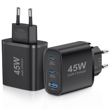 Подвійний зарядний пристрій USB-C 45W GAN для iPhone/Samsung Galaxy, 3 порти, швидка зарядка PPS (чорний)